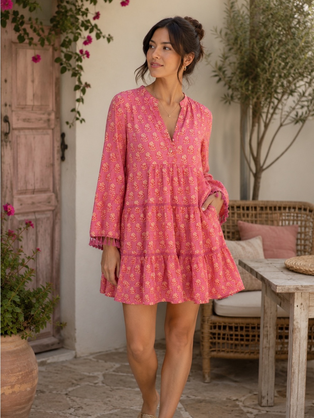Just Darviny Women's Pink Tiered Mini Dress - Casual Boho Style